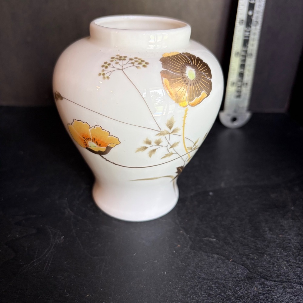 Otagiri Japan Golden Poppy Ceramic Vase Vintage White Orange Floral 4.5 Inch